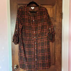 Everly Plaid Button Front Tunic Dress Large Brown & Orange Roll Tab Sleeve